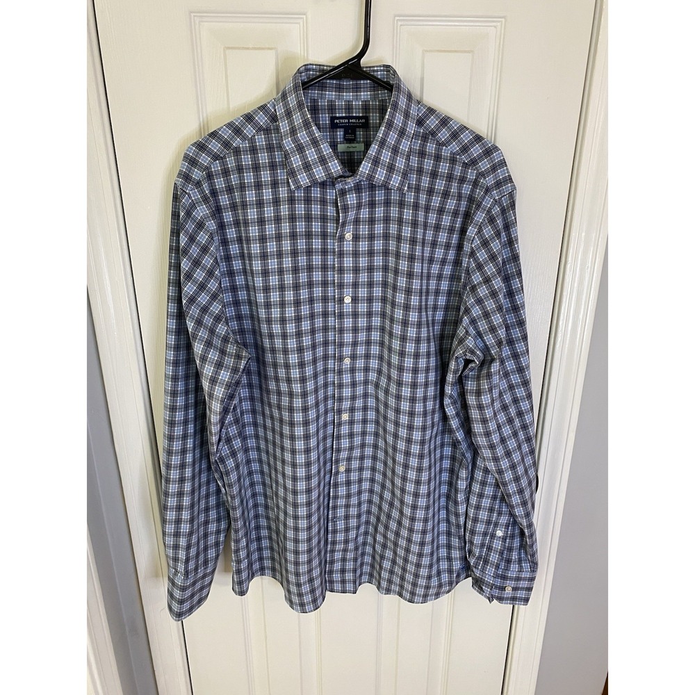 Peter Millar Button Down Mens Large Blue Plaid Crown Crafted Flex Finish Shirt
